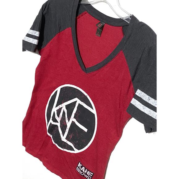 Kane Brown Red Gray Jersey V Neck Shirt Womens S Stretch Country Music Sporty - Picture 2 of 7